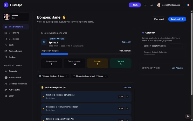 Overview in dark theme: current sprint, progress and required actions.