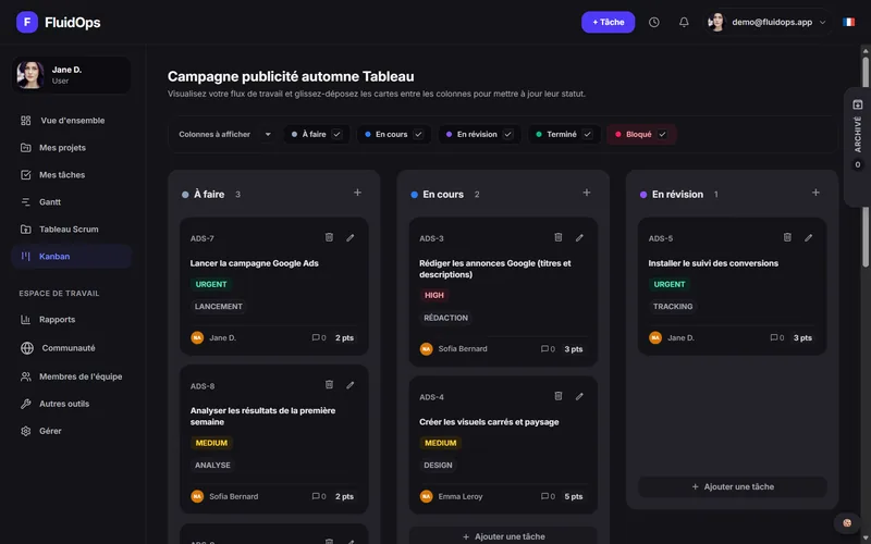 FluidOps Kanban board in dark theme: cards with priority, labels and assignee.