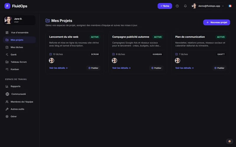 “My projects” page in dark theme: cards for Scrum, Kanban and Gantt projects.