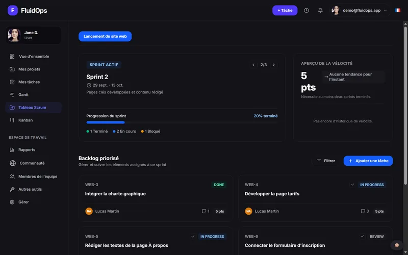 FluidOps Scrum board in dark theme: active sprint, velocity and a prioritized backlog.