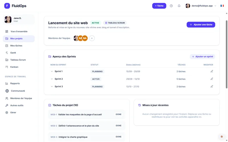A project page in light theme: sprint overview and the project’s task list.