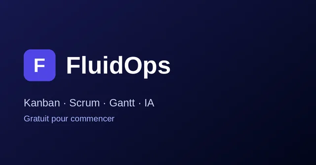 “FluidOps · Kanban · Scrum · Gantt · AI” visual, landscape format